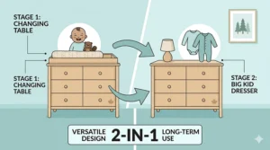 Versatile baby dresser with a removable changing station topper for long-term use in growing Canadian households.