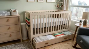 Space-saving convertible mini crib with storage drawers, ideal nursery furniture for small room layouts.