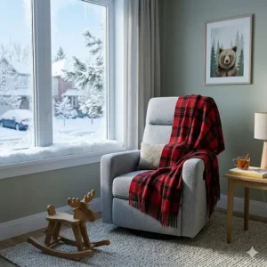 Cozy winter nursery setup in Canada with a plush swivel glider recliner next to a snowy window.
