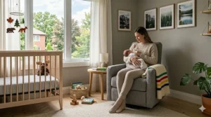 Cozy nursery setting featuring a modern design grey glider chair, or fauteuil bercant, perfect for Canadian winters.