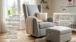 Cozy cream-coloured boucle nursing chair with ottoman, styled with a warm throw blanket for cold Canadian winters.