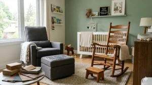 High-quality nursery chair materials featuring Canadian maple wood and stain-resistant upholstery.