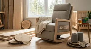 Digital art of a sustainable wood nursery glider frame made from Canadian-sourced timber and non-toxic fabric.