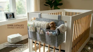 Illustration of a hanging diaper caddy used in a compact Toronto or Vancouver-style condo to maximize vertical nursery space.