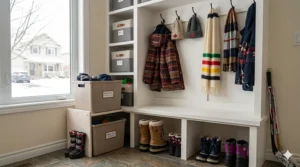 Durable toy storage bins in a Canadian mudroom used for organizing kids' outdoor winter accessories and small toys near the entryway.