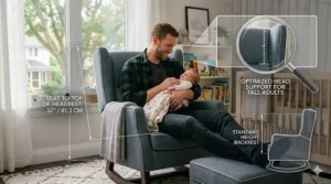Product illustration showing the extended backrest dimensions of an ergonomic nursery glider designed specifically for tall parents.