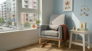 Technical illustration showing the ergonomic back support and narrow dimensions of a premium nursery chair for small spaces.