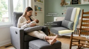 Illustration of a parent using a nursing glider with lumbar support for comfortable late-night feedings.