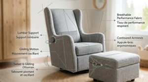 Diagram showing the ergonomic lumbar support and gliding motion of a nursing chair with ottoman for Canadian moms and dads.