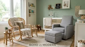 Side-by-side style comparison of a trendy boho rocking chair and a sleek contemporary nursery glider.