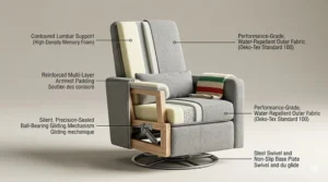 Technical illustration detailing the ergonomic lumbar support and modern design features of a grey nursery glider.