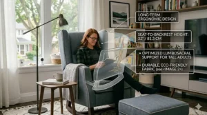 A modern high-back glider chair transitioned from a baby nursery into a stylish Canadian living room reading nook.