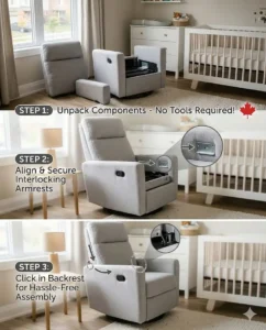 Simple step-by-step assembly illustration for a swivel glider recliner nursery chair.