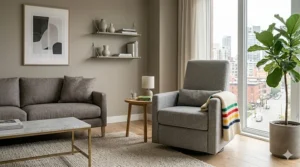 Versatile grey nursery glider with a modern design styled in a contemporary Canadian living room.
