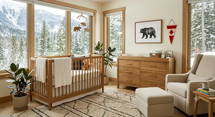 Complete modern wooden nursery furniture sets including a convertible crib and matching dresser in a bright Canadian home.