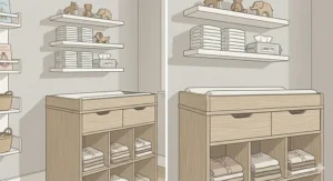 A compact changing table with built-in drawers and side cubbies, perfect for Canadian condo nurseries.