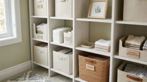 A vertical cubby unit inside a closet filled with canvas bins for organizing diapers, swaddles, and Canadian-made organic cotton sleepers.