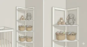 A white corner shelving unit utilized for toy storage in a small nursery to eliminate dead space.