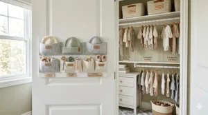 An over-the-door organizer used for nursery essentials like moccasins, pacifiers, and small knit toques.