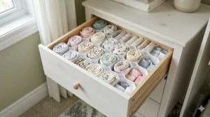 Interior view of a nursery closet drawer using honeycomb dividers to organize rolled baby onesies and socks by color.