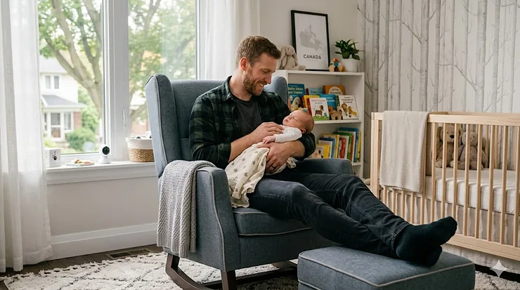 A tall father comfortably relaxing in a high-back nursery glider for tall parents in a modern Canadian home nursery.