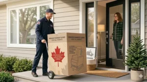 Package delivery of a nursery glider for tall parents, highlighting fast shipping across Canada / livraison rapide au Canada.