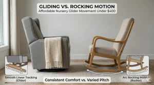 Illustration comparing the smooth movement of affordable nursery gliders under $400 to a traditional rocking chair.
