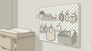 A customizable pegboard wall system holding baby accessories, providing flexible nursery storage solutions for small rooms.