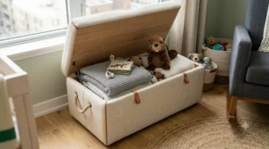 Upholstered storage ottoman used as a footrest and toy box, serving as clever nursery furniture for a small room.