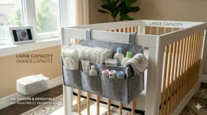 Illustration showing the large storage capacity of a hanging diaper caddy holding 50+ diapers and baby essentials.