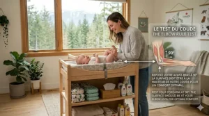 Illustration of the elbow height test to determine the most comfortable changing table level for parents of different statures.