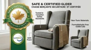 Safety certification icon for non-toxic, affordable nursery gliders under $400 sold in Canada.