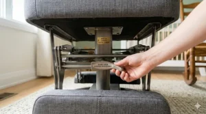 Close-up of a nursery glider with enclosed base and locking mechanism for enhanced baby safety.