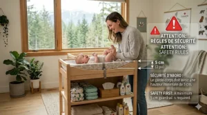 Illustration of recommended 5 cm safety guardrail heights for changing tables according to Canadian safety standards.