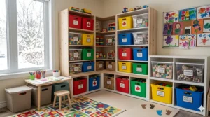 Versatile toy storage bins designed to fit perfectly into standard Canadian shelving units for a seamless, built-in look.