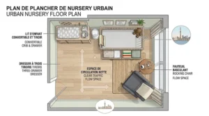 2D floor plan diagram demonstrating how to arrange essential nursery furniture for a small room efficiently.