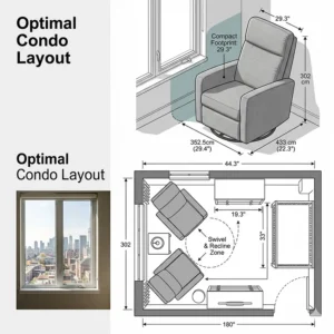 Small space floor plan layout featuring a compact swivel glider recliner nursery chair in a Canadian condo.