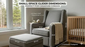 Dimension guide for a compact and affordable nursery glider under $400 designed for small Canadian condos.
