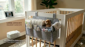 Minimalist illustration of a sustainable, recycled felt hanging diaper caddy, appealing to eco-conscious Canadian parents.