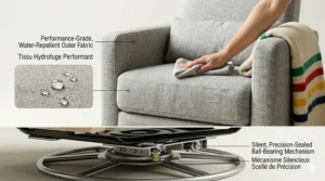 Easy-to-clean performance fabric on a grey nursery glider with a modern design.