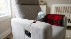 Close-up graphic of spill-resistant performance fabric on a swivel glider recliner nursery chair.