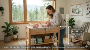 Diagram showing the standard changing table height in centimeters and inches for Canadian ergonomic safety.