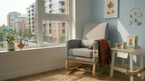 A photorealistic 4K image of a modern, eco-friendly nursery chair for small spaces in a sunlit Canadian condo nursery, featuring a plaid throw and subtle maple leaf decor, optimized for the Canadian market.