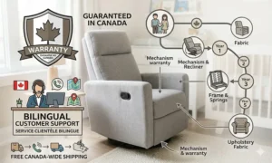 Graphic detailing the Canadian warranty and bilingual customer service for a swivel glider recliner nursery chair.
