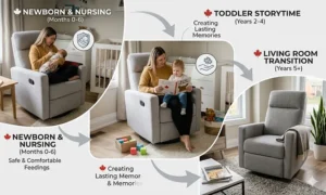 Timeline graphic showing a swivel glider recliner nursery chair transitioning into a Canadian living room armchair over time.