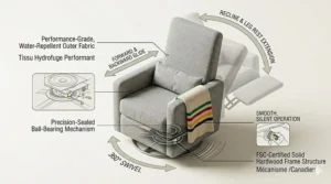 Illustration demonstrating the 360 swivel and smooth motion of a grey nursery glider with modern design.