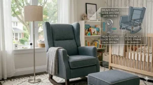Diagram illustrating the smooth gliding and 360-degree swivel mechanism of a sturdy nursery chair for taller frames.