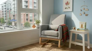 Illustration of a modern swivel rocker nursery chair for small spaces, highlighting its tight turning radius and space-saving footprint.