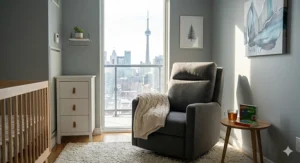 Illustration of a high-back swivel nursery glider, the best choice for small Toronto condo nurseries.