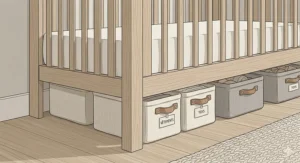 Soft fabric bins tucked under a crib, demonstrating clever nursery storage solutions for small rooms in a tight floor plan.